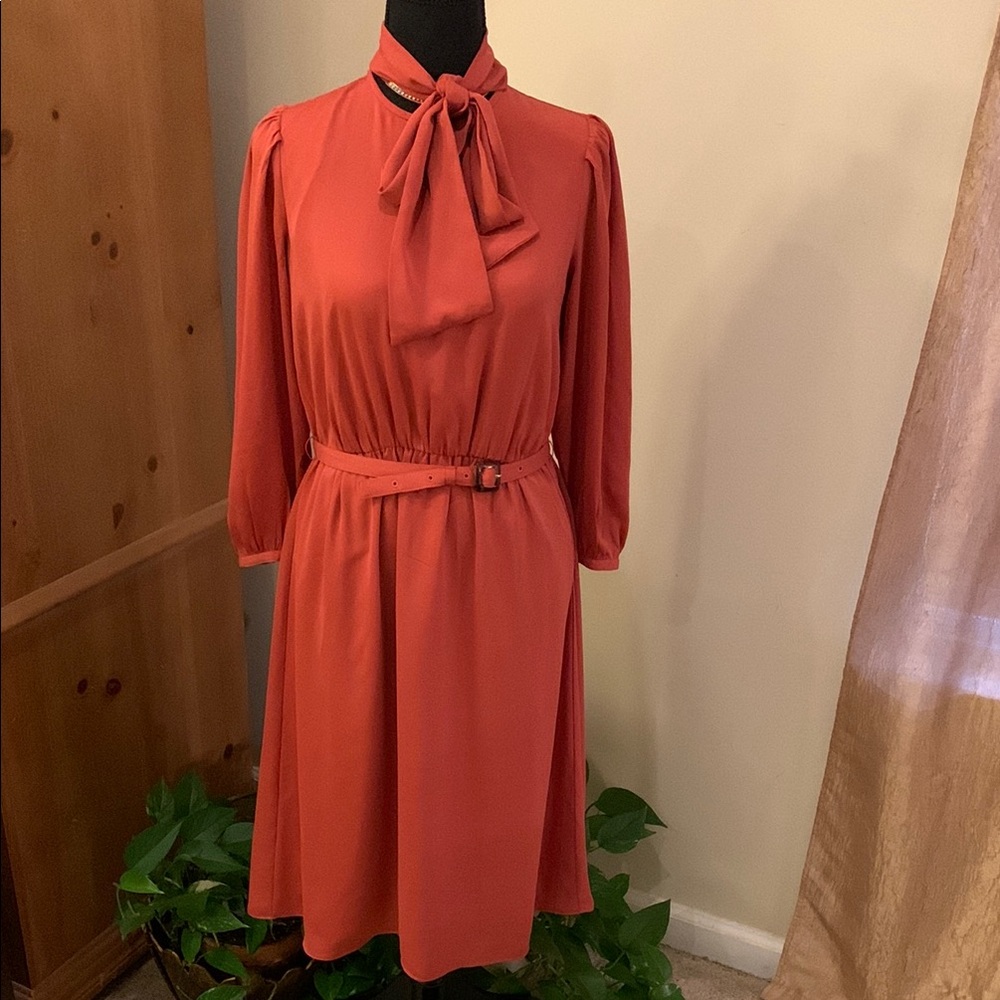 🌹VINTAGE Ann Taylor Petites • EUC Orange Rust BELTED MINI DRESS •